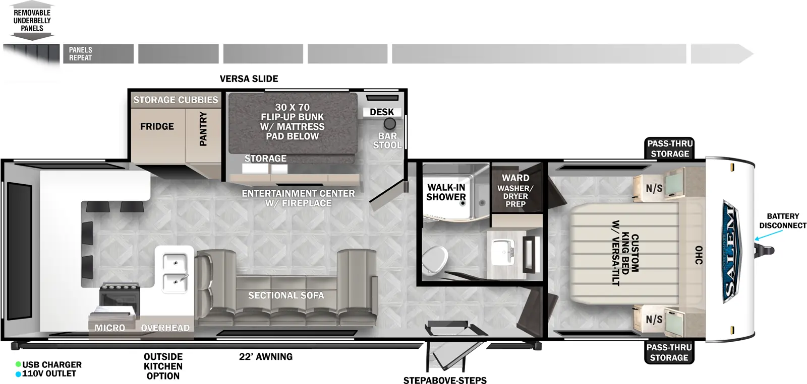 The Salem 29VIEW floorplan has one slideout and one entry. Exterior features removable underbelly panels, 22 foot awning, battery disconnect, StepAbove steps, outside kitchen option, and front pass-thru storage. Interior layout front to back: foot facing custom king bed with versa-tilt, overhead cabinet, closet and nightstand on each side, and off-door side wardrobe with washer/dryer prep; off-door side full bathroom with walk-in shower; entry door outside of bathroom; off-door side slideout with versa slide (a desk with barstool, and flip-up bunk with mattress pad below behind an entertainment center with fireplace), pantry and refrigerator with storage cubbies behind; door side sectional sofa; peninsula kitchen counter with sink wraps to door side with microwave, overhead cabinet and cooktop, and continues to wrap to rear wall and off-door side with dining seating.